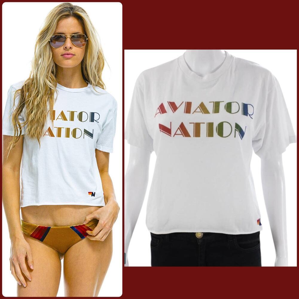 Aviator Nation White Rainbow Deco Logo Boyfriend Tee Short Sleeve Shirt